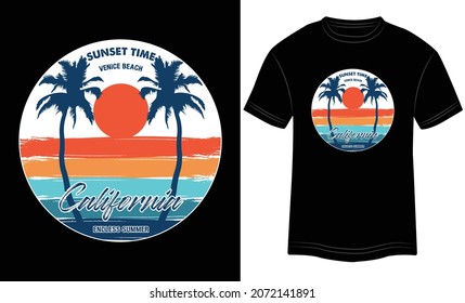 T-shirt Sunset Time Sea Beach Vector Illustration and Colorful T-shirt Design Ready For Print in Black Background.