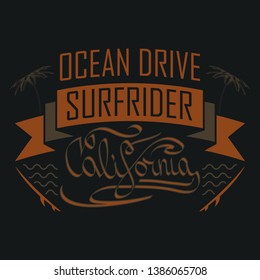 T-shirt Surf Rider. Ocean Drive.  Summer theme. California. Emblem and print for printing on T-shirts, posters, stickers, cards, etc. Vector image.