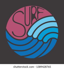 T-shirt with surf theme. Summer theme. Emblem and print for printing on T-shirts, posters, stickers, cards, etc. Vector image.