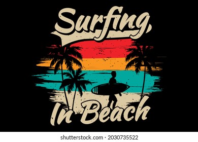 T-shirt surfing beach palm color vintage retro flat illustration