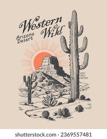 T-shirt, sweatshirt vintage vector graphic Print of Western wild Arizona desert, Arizona desert vibes graphic print for fashion and others.