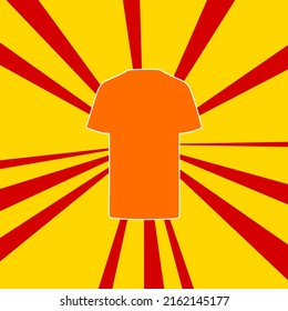 T-shirt symbol on a background of red flash explosion radial lines. The large orange symbol is located in the center of the sun, symbolizing the sunrise. Vector illustration on yellow background