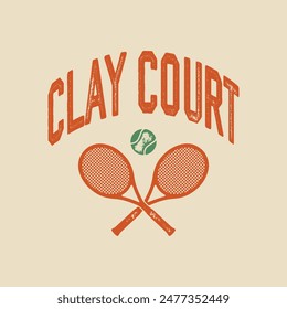 T-shirt tamp graphic, Clay court wear typography emblem tennis vintage tee print, sport apparel design shirt graphic print