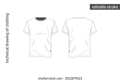 T-shirt technical drawing sketch. Shirt mockup in vector. Sleeves and collar with edging. Editable stroke. Image isolated on white background.