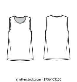 T-shirt technical fashion illustration with crew neck, fitted oversized body sleeveless, flat style. Apparel template front and back white color. Women and men unisex garment mockup for designer.