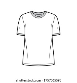 T-shirt technical fashion illustration with crew neck, fitted tunic length oversized body short sleeves, flat. Apparel template front, white color. Women and men unisex garment mockup for designer.