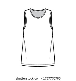 T-shirt technical fashion illustration with crew neck, fitted tunic length oversized body sleeveless, flat. Apparel template front, white color. Women and men unisex garment mockup for designer.