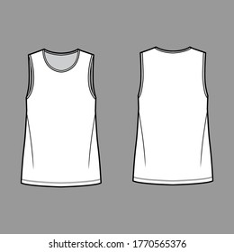 Ilustración técnica de la camiseta con cuello de la tripulación, montada en forma plana y sin mangas de cuerpo. Color blanco delantero y negro de la plantilla de ropa. Mujeres y hombres unisex ropa se burlan de la diseñadora.