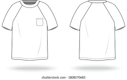 T-shirt technical fashion illustration with crew neck, fitted oversized body short sleeves, flat style. Apparel template front and back white color. Women and men unisex garment mockup for designer.