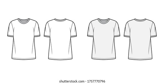 T-shirt technical fashion illustration set with crew neck, fitted body short sleeves, flat. Apparel template front and back white and grey color. Women and men unisex garment mockup for designer.