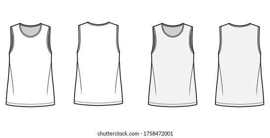 T-shirt technical fashion illustration set with crew neck, fitted body sleeveless, flat. Apparel template front and back white and grey color. Women and men unisex garment mockup for designer.