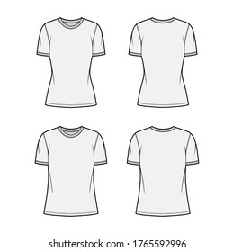 T-shirt technical fashion illustration set with crew neck, fitted and oversized long body, short sleeves, flat. Apparel template front and back grey color. Women and men unisex garment designer mockup