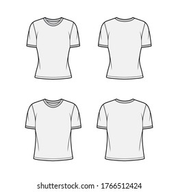 T-shirt technical fashion illustration set with crew neck, fitted and oversized body, short sleeves, flat. Apparel template front and back grey color. Women and men unisex garment designer mockup