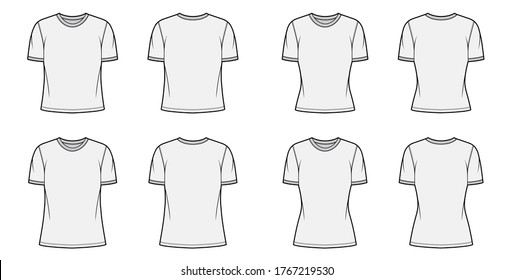 T-shirt technical fashion illustration set with crew neck, fitted and oversized long and regular body, short sleeves, flat. Apparel template front and back grey color. Women, men unisex garment mockup