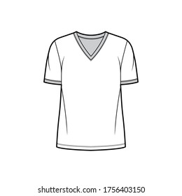 T-shirt technical fashion illustration with V neck, fitted tunic length oversized body short sleeves, flat. Apparel template front, white color. Women and men unisex garment mockup for designer.