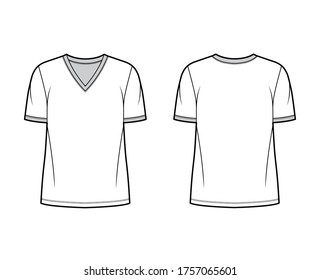 T-shirt technical fashion illustration with V neck, fitted oversized body short sleeves, flat style. Apparel template front and back white color. Women and men unisex garment mockup for designer.