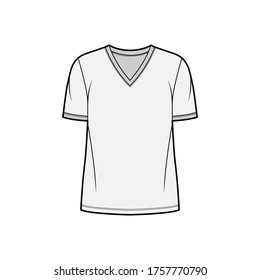 T-shirt technical fashion illustration with V neck, fitted tunic length oversized body short sleeves, flat. Apparel template front, grey color. Women and men unisex garment mockup for designer.