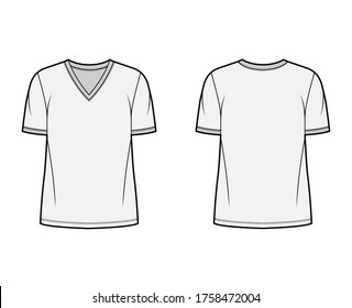 T-shirt technical fashion illustration with V neck, fitted oversized body short sleeves, flat style. Apparel template front and back grey color. Women and men unisex garment mockup for designer.