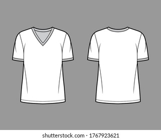 T-shirt technical fashion illustration with V neck, fitted oversized body short sleeves, flat style. Apparel template front and back white color. Women and men unisex garment mockup for designer.