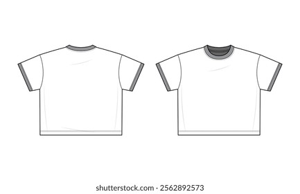 T-shirt technical fashion illustration. T-shirt vector template illustration. Front and back view. Regular fit. Short sleeves. Crew neck. Unisex. White color. Contrast Tee. CAD mockup.