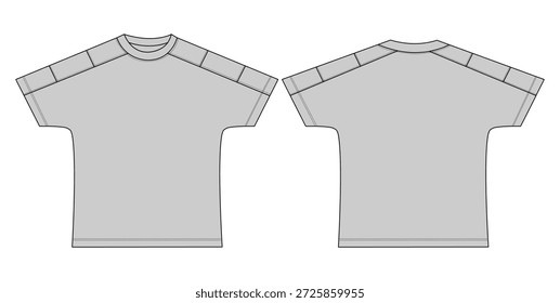 esboço plano técnico da T-shirt com detalhes do ombro e da manga,
Desenho técnico de moda de uma árvore raglan com mangas multi-painel,
Modelo cinzento de design de vestuário mostrando as vistas frontal e traseira,
Ilustração vetorial técnica de uma camiseta de manga curta desportiva,
Mockup de roupa em branco com construção de costura de manga complexa,