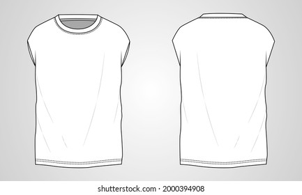 Camiseta técnica Esbozo de moda Planta plana con un collar redondo, sin mangas, de tamaño excesivo, camiseta de algodón de longitud túnica. Dibujo básico de prendas de vestir de la ilustración del vector. Fácil de editar y personalizable