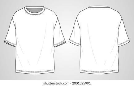 T-shirt technical Sketch fashion Flat Template With Round neckline, elbow sleeves, oversized, tunic length Cotton jersey. Vector illustration basic apparel design. easy editable and customizable.