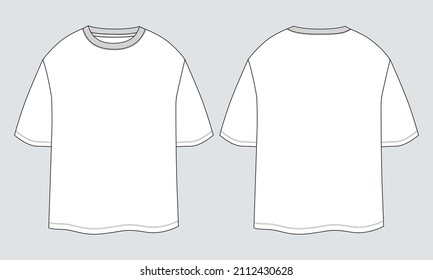 T-shirt technical Sketch fashion Flat Template With Round neckline, elbow sleeves, oversized, tunic length Cotton jersey. Vector illustration basic apparel design. easy editable and customizable.
