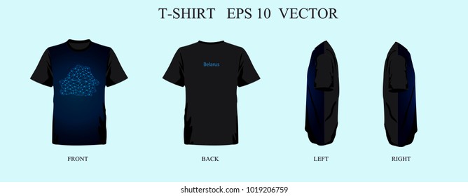 T-shirt template Abstract mash line and point scales with map of Belarus, front, back, left, right view. Vector eps 10 illustration.
