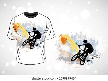 T-shirt template with active person. Rider on the abstract background, vector
