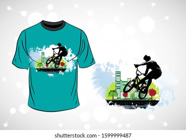 T-shirt template with active person. Rider on the abstract background, vector