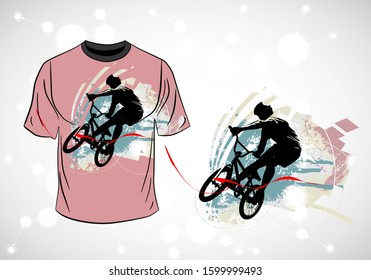 T-shirt template with active person. Rider on the abstract background, vector