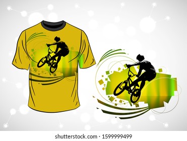 T-shirt template with active person. Rider on the abstract background, vector