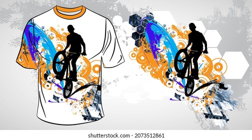 T-shirt template with active person. Rider on the abstract background, vector