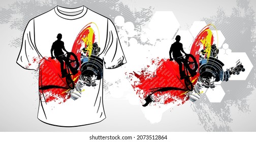 T-shirt template with active person. Rider on the abstract background, vector