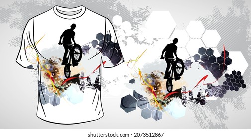 T-shirt template with active person. Rider on the abstract background, vector