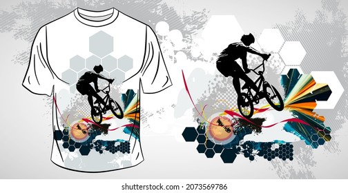 T-shirt template with active person. Rider on the abstract background, vector