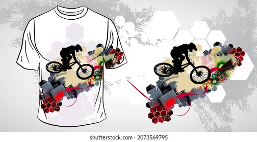 T-shirt template with active person. Rider on the abstract background, vector