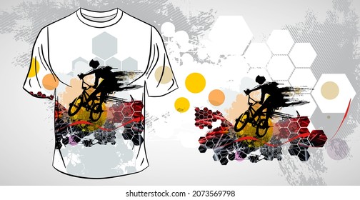 T-shirt template with active person. Rider on the abstract background, vector