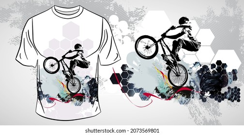T-shirt template with active person. Rider on the abstract background, vector