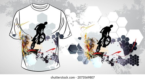 T-shirt template with active person. Rider on the abstract background, vector