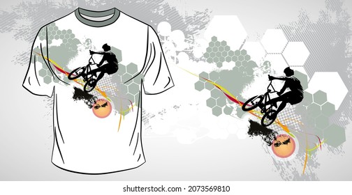 T-shirt template with active person. Rider on the abstract background, vector