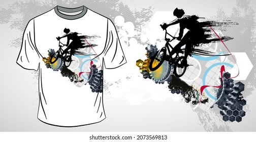 T-shirt template with active person. Rider on the abstract background, vector