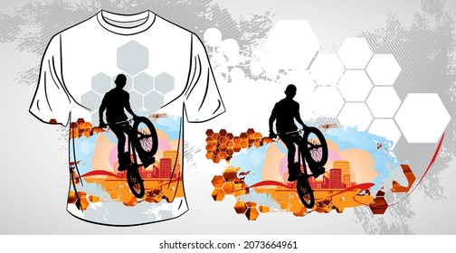 T-shirt template with active person. Rider on the abstract background, vector