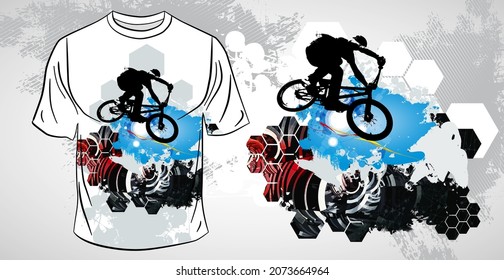 T-shirt template with active person. Rider on the abstract background, vector