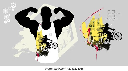 T-shirt template with active person. Rider on the abstract background, vector