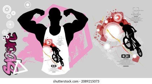T-shirt template with active person. Rider on the abstract background, vector