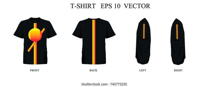 T-shirt template black with orange pattern set, front, back, left, right view. Vector eps 10 illustration.