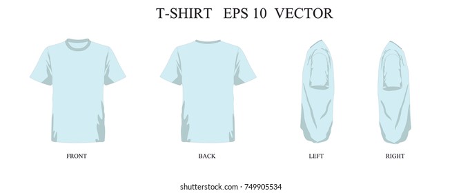 T-shirt template blue set, front, back, left, right view. Vector eps 10 illustration.