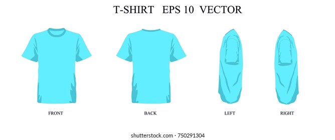 T-shirt template blue set, front, back, left, right view. Vector eps 10 illustration.